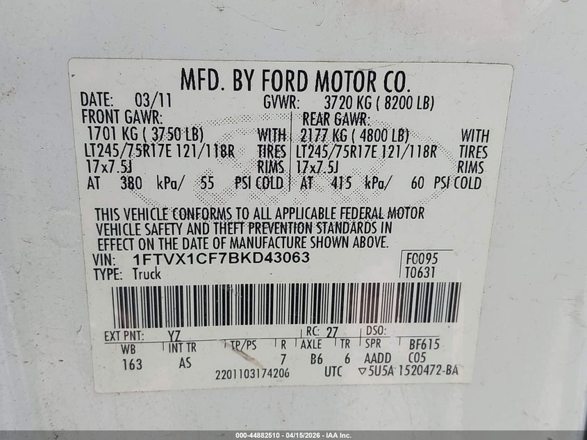 2011 Ford F-150 Xl VIN: 1FTVX1CF7BKD43063 Lot: 44882510