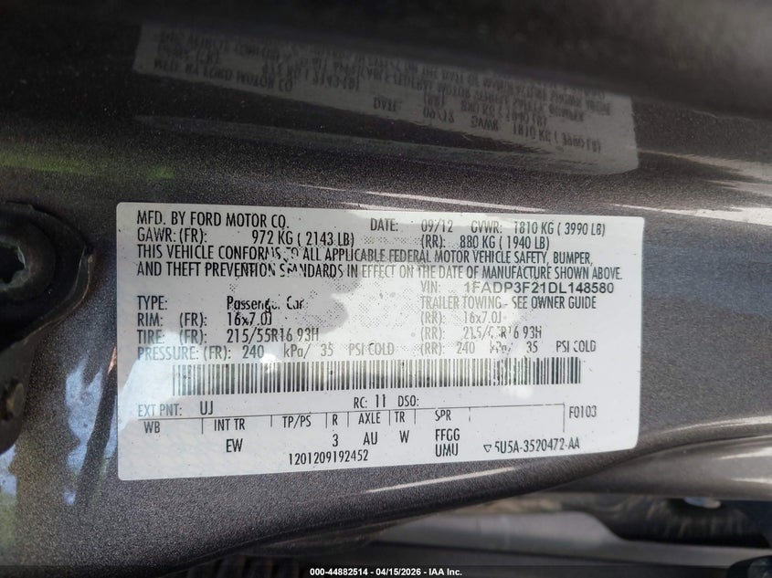 2013 Ford Focus Se VIN: 1FADP3F21DL148580 Lot: 44882514