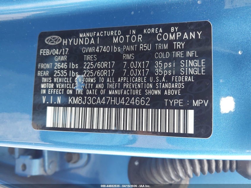 2017 Hyundai Tucson Se Plus VIN: KM8J3CA47HU424662 Lot: 44882535