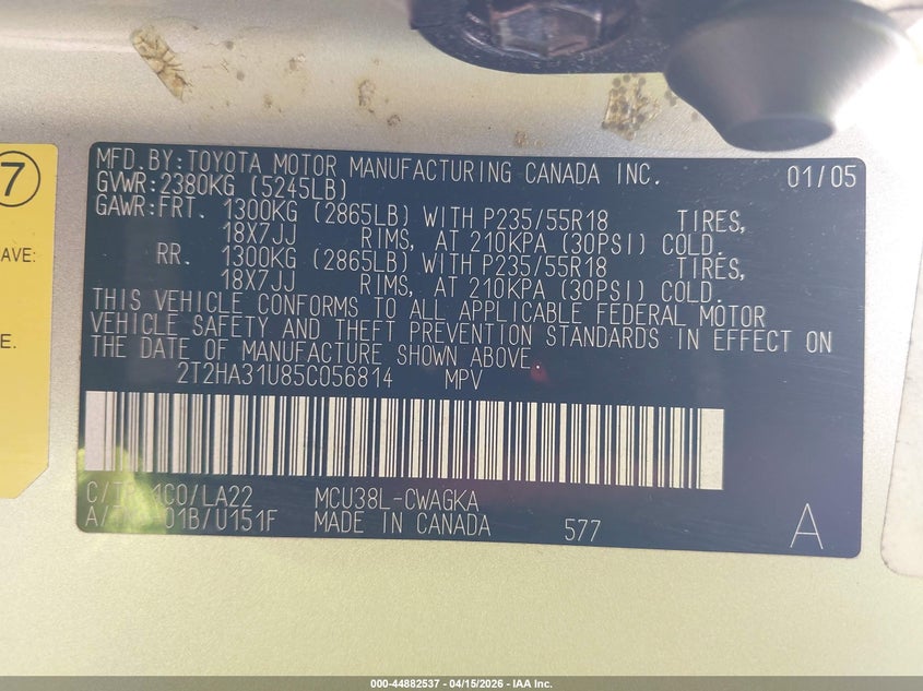 2005 Lexus Rx 330 VIN: 2T2HA31U85C056814 Lot: 44882537