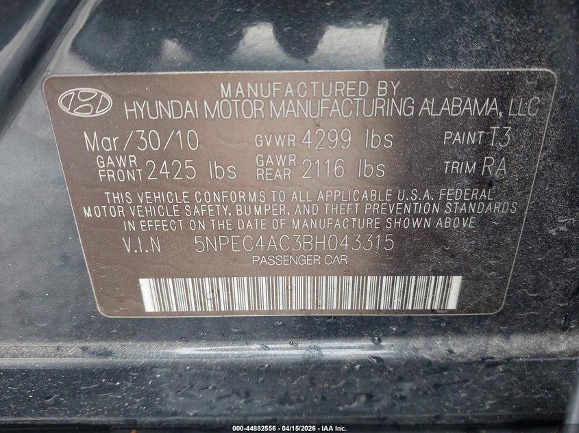 2011 Hyundai Sonata Se VIN: 5NPEC4AC3BH043315 Lot: 44882556