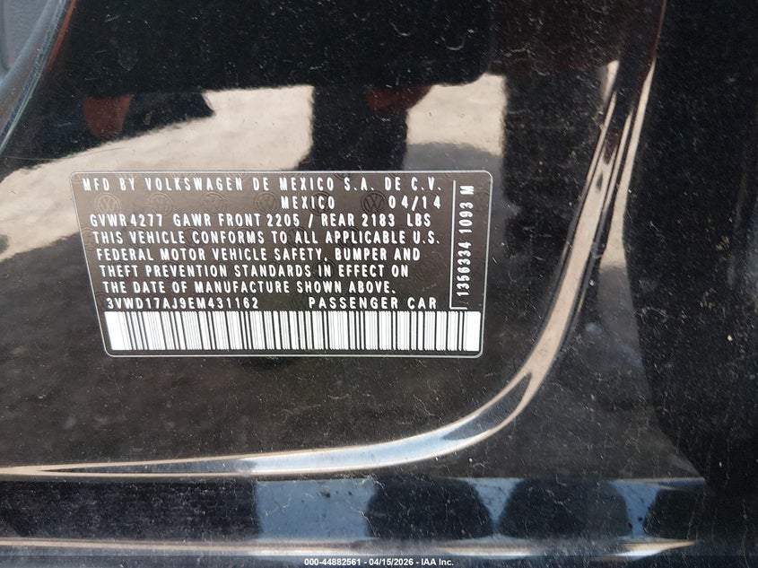 2014 Volkswagen Jetta 1.8T Se VIN: 3VWD17AJ9EM431162 Lot: 44882561