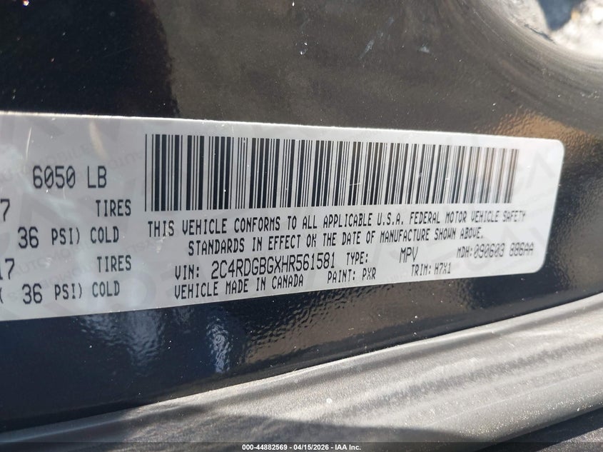 2017 Dodge Grand Caravan Se VIN: 2C4RDGBGXHR561581 Lot: 44882569