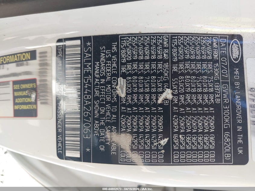 2008 Land Rover Range Rover Hse VIN: SALME15448A267063 Lot: 44882573