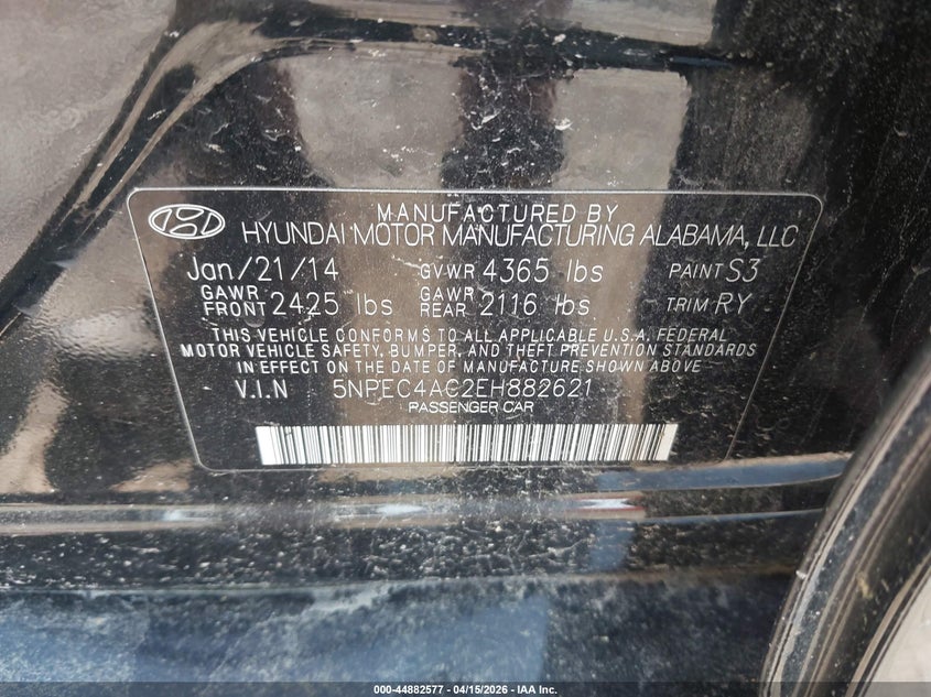 2014 Hyundai Sonata Limited VIN: 5NPEC4AC2EH882621 Lot: 44882577