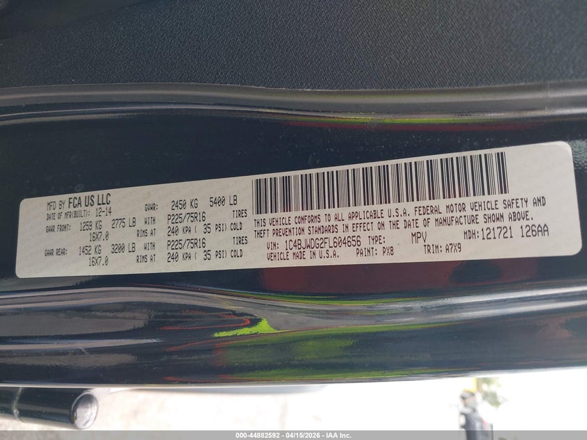 2015 Jeep Wrangler Unlimited Sport VIN: 1C4BJWDG2FL604656 Lot: 44882592