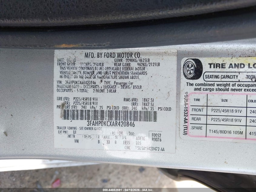 2010 Ford Fusion Sport VIN: 3FAHP0KCXAR420846 Lot: 44882591