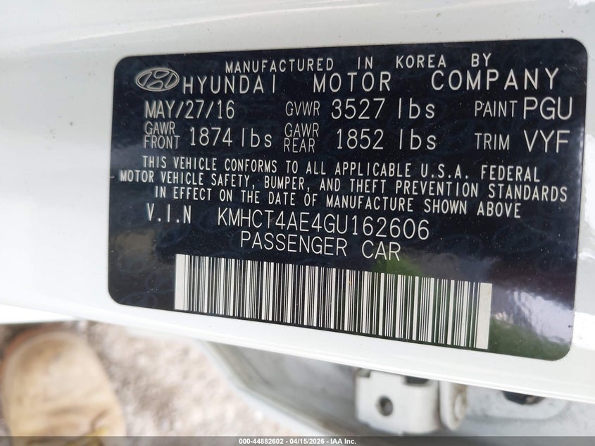 2016 Hyundai Accent Se VIN: KMHCT4AE4GU162606 Lot: 44882602