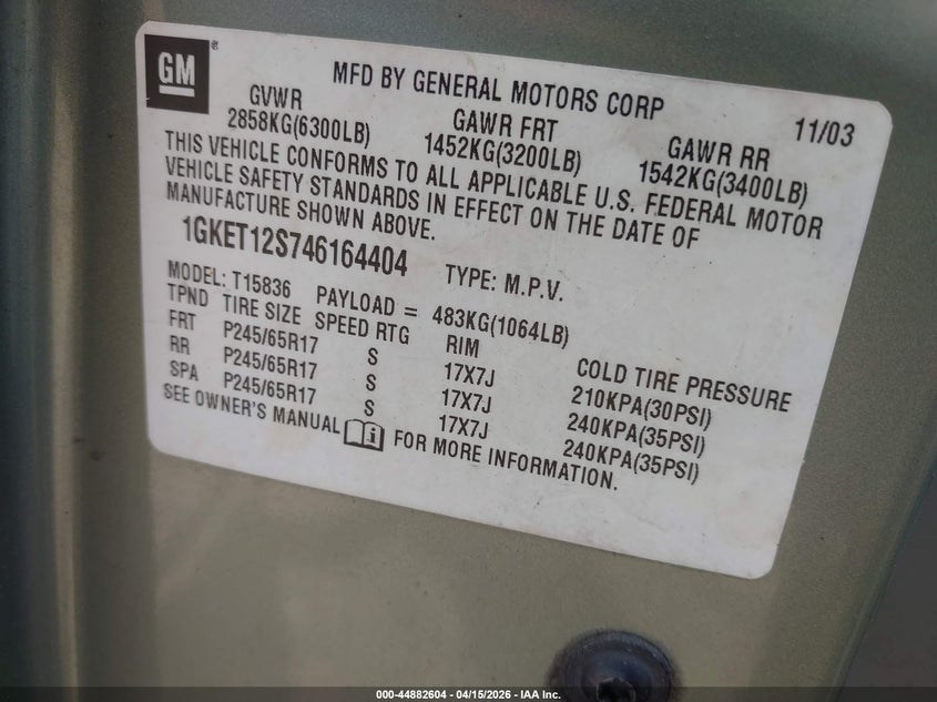 2004 GMC Envoy Xuv Sle VIN: 1GKET12S746164404 Lot: 44882604