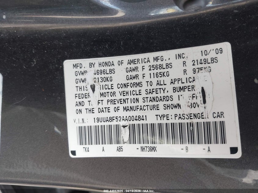 2010 Acura Tl 3.5 VIN: 19UUA8F52AA004841 Lot: 44882605