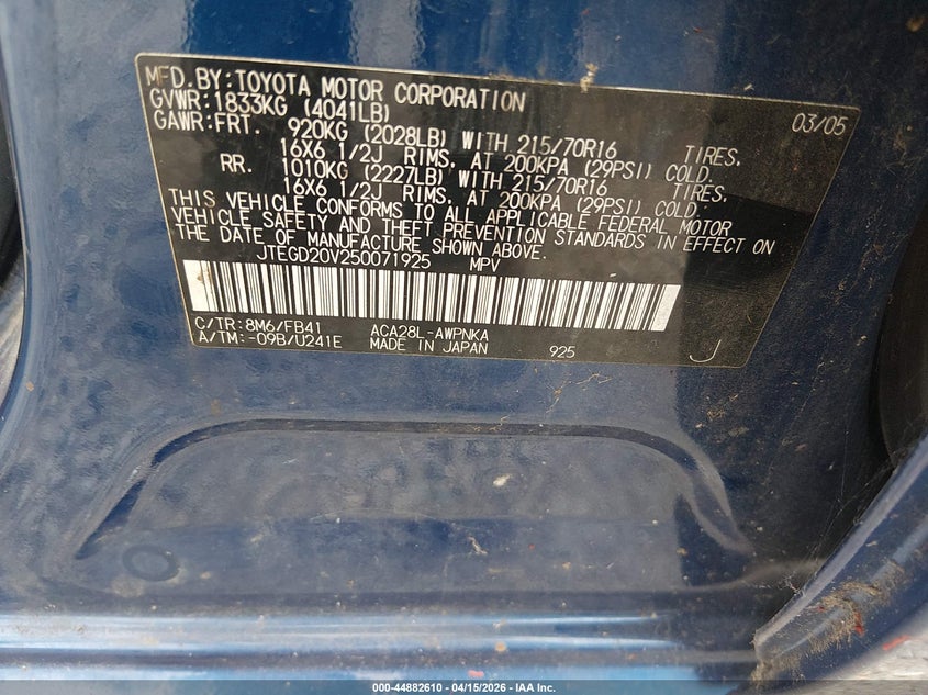 2005 Toyota Rav4 VIN: JTEGD20V250071925 Lot: 44882610