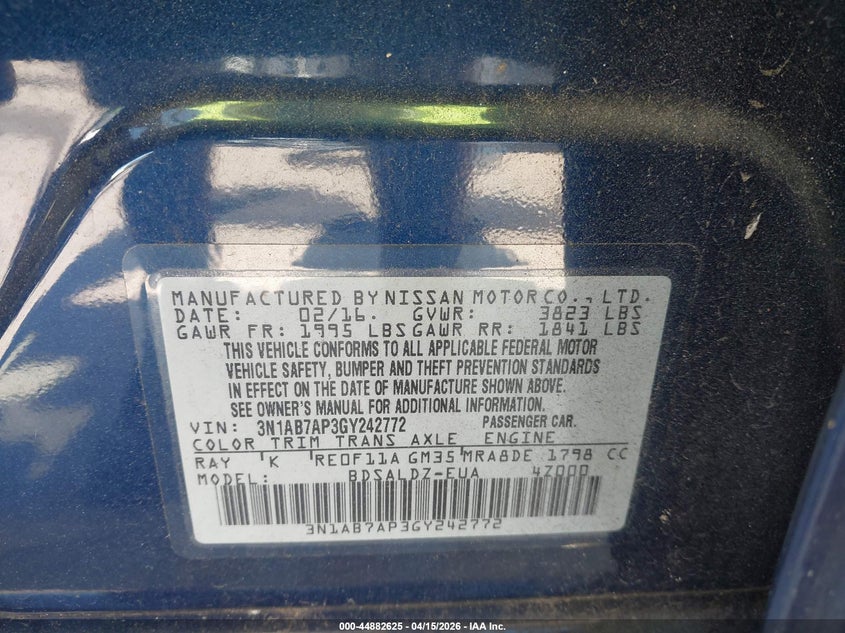 2016 Nissan Sentra Sv VIN: 3N1AB7AP3GY242772 Lot: 44882625