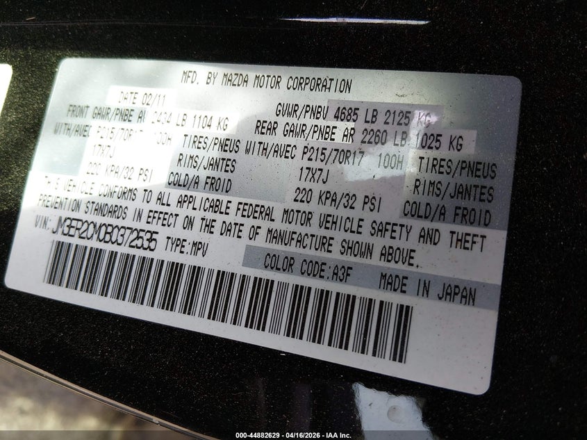 2011 Mazda Cx-7 I Touring VIN: JM3ER2CM0B0372535 Lot: 44882629