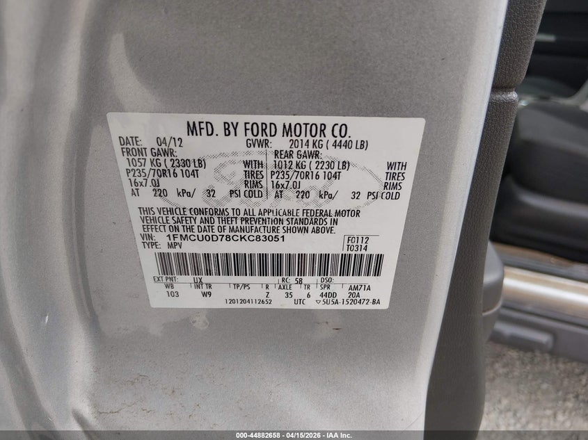 2012 Ford Escape Xlt VIN: 1FMCU0D78CKC83051 Lot: 44882658