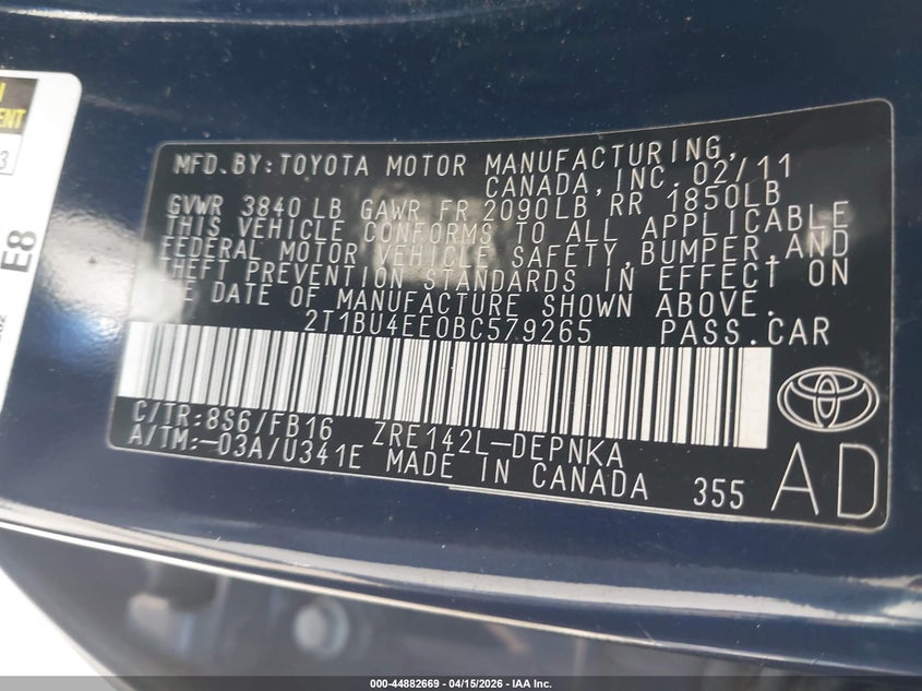 2011 Toyota Corolla Le VIN: 2T1BU4EE0BC579265 Lot: 44882669