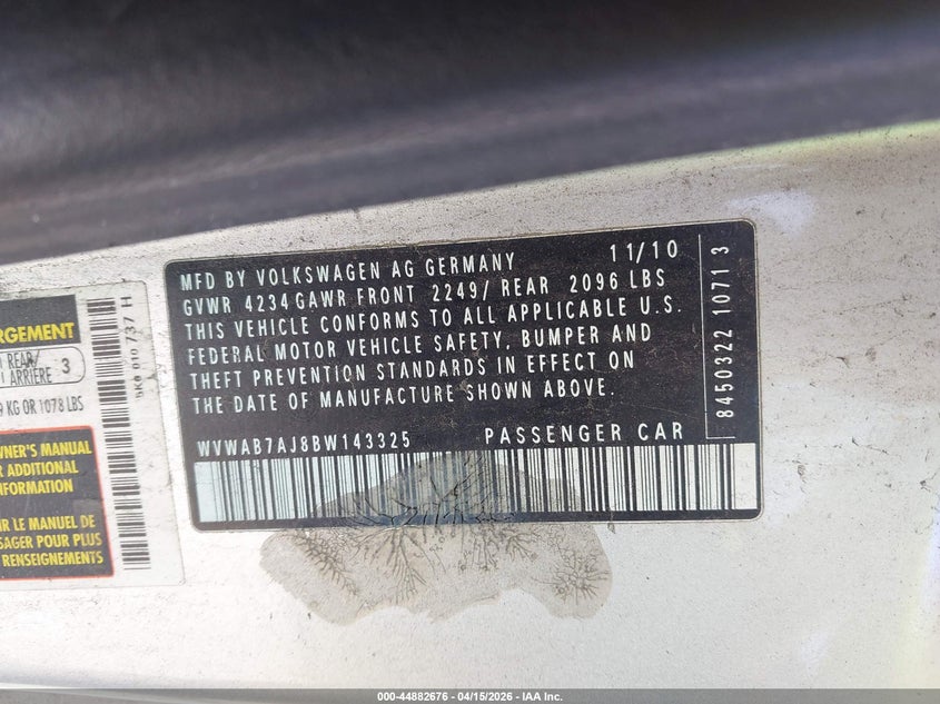 2011 Volkswagen Golf 2.5L 2-Door VIN: WVWAB7AJ8BW143325 Lot: 44882676