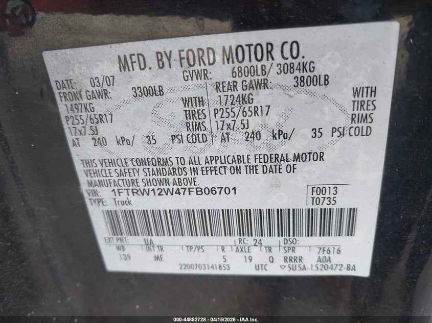 2007 Ford F-150 Xlt VIN: 1FTRW12W47FB06701 Lot: 44882728