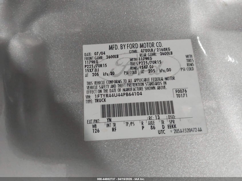 2004 Ford Ranger Edge/Tremor/Xlt VIN: 1FTYR44U44PB64104 Lot: 44882737