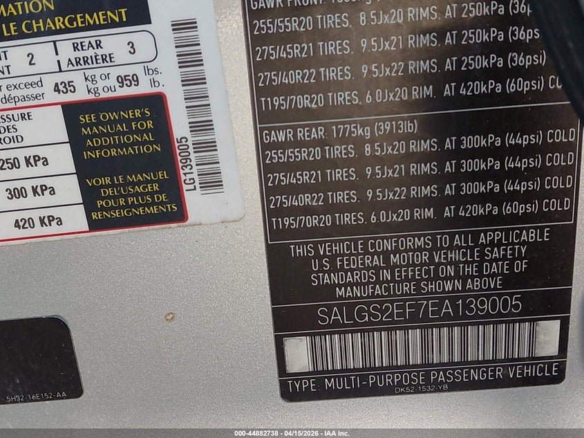 2014 Land Rover Range Rover 5.0L V8 Supercharged/5.0L V8 Supercharged Ebony Edition VIN: SALGS2EF7EA139005 Lot: 44882738