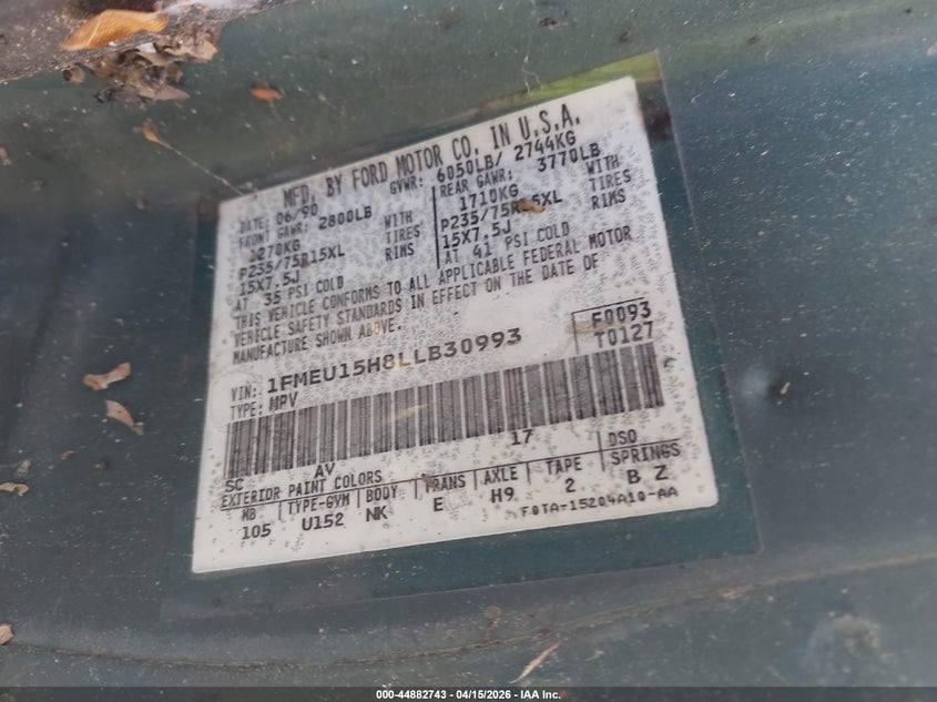 1990 Ford Bronco U100 VIN: 1FMEU15H8LLB30993 Lot: 44882743