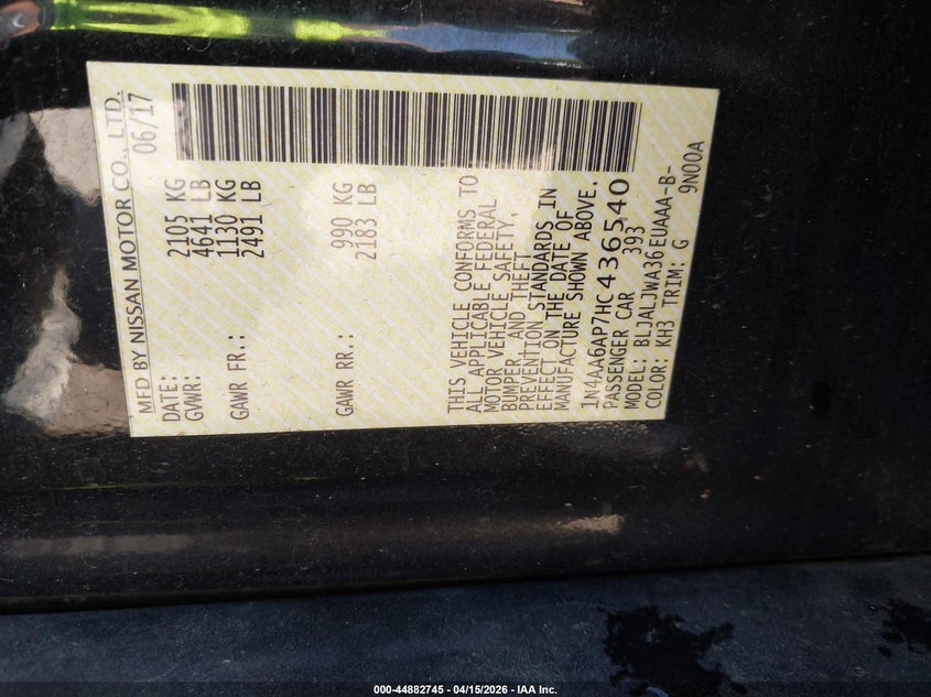 2017 Nissan Maxima 3.5 Sv VIN: 1N4AA6AP7HC436540 Lot: 44882745