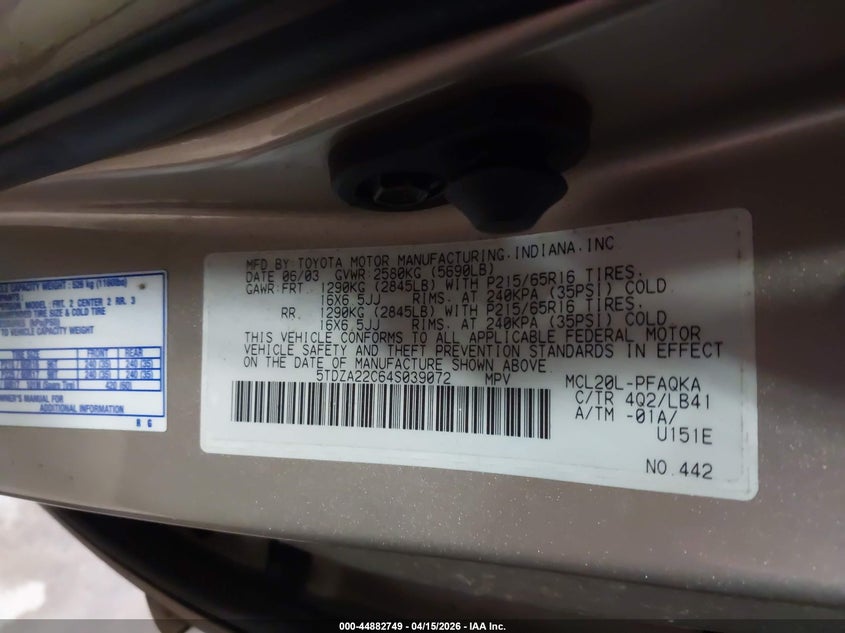 2004 Toyota Sienna Xle VIN: 5TDZA22C64S039072 Lot: 44882749