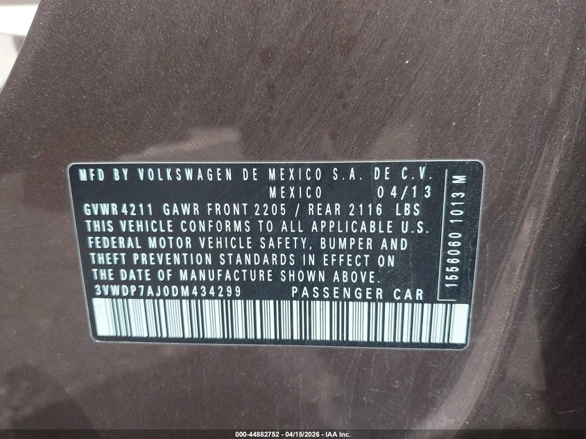 2013 Volkswagen Jetta 2.5L Se VIN: 3VWDP7AJ0DM434299 Lot: 44882752