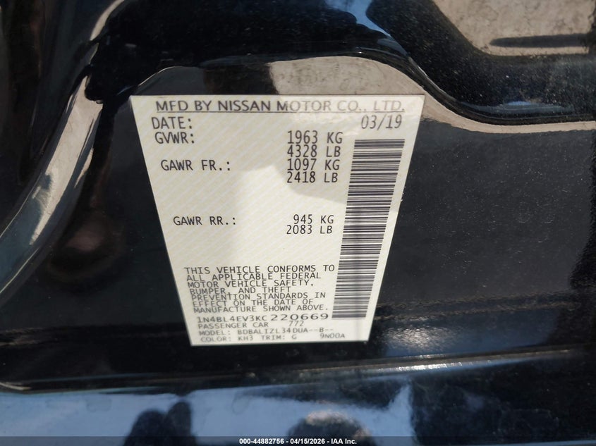 2019 Nissan Altima 2.5 Sl VIN: 1N4BL4EV3KC220669 Lot: 44882756