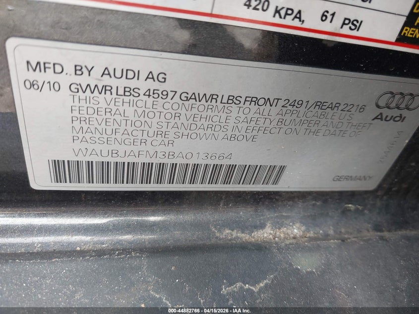 2011 Audi A3 2.0 Tdi Premium VIN: WAUBJAFM3BA013664 Lot: 44882766