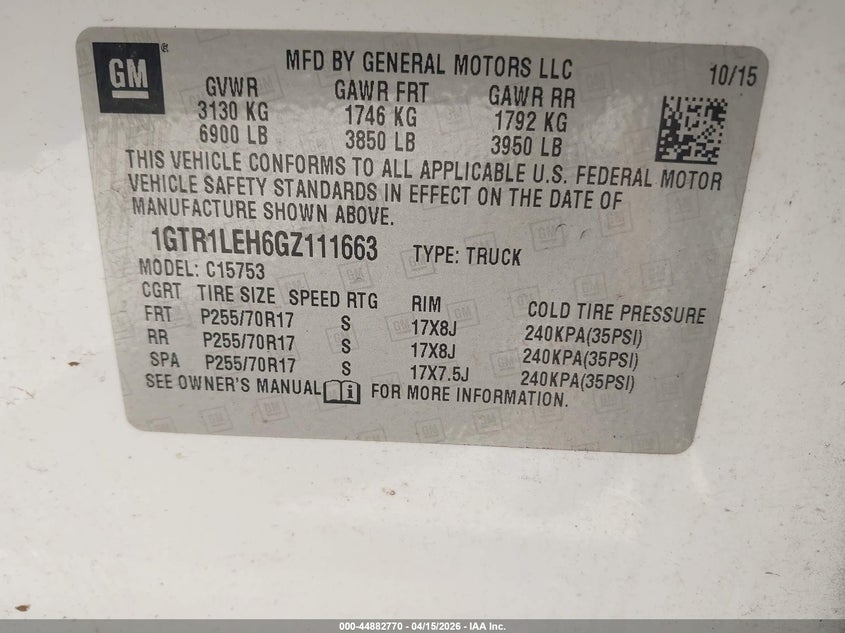 2016 GMC Sierra 1500 VIN: 1GTR1LEH6GZ111663 Lot: 44882770