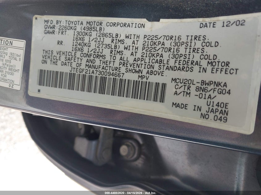 2003 Toyota Highlander V6 VIN: JTEGF21A730094667 Lot: 44882820