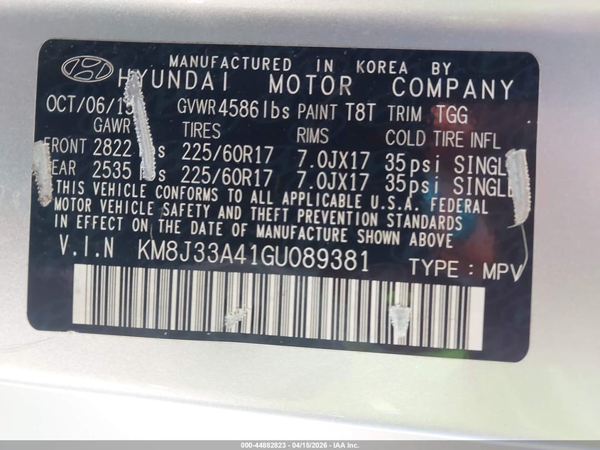 2016 Hyundai Tucson Se VIN: KM8J33A41GU089381 Lot: 44882823