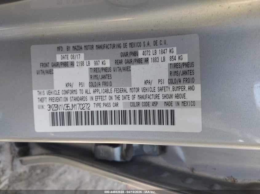 2018 Mazda Mazda3 Touring VIN: 3MZBN1V35JM170272 Lot: 44882824