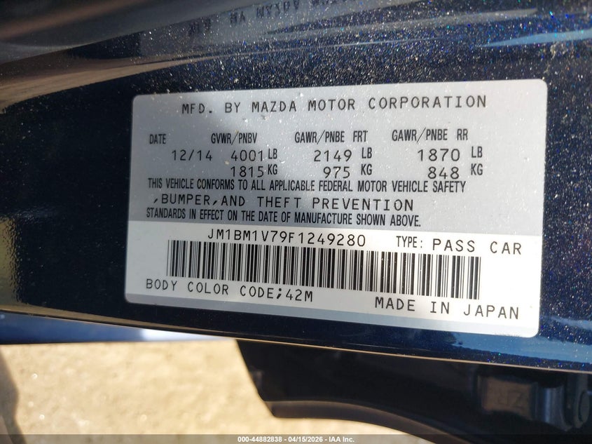 2015 Mazda Mazda3 I Touring VIN: JM1BM1V79F1249280 Lot: 44882838