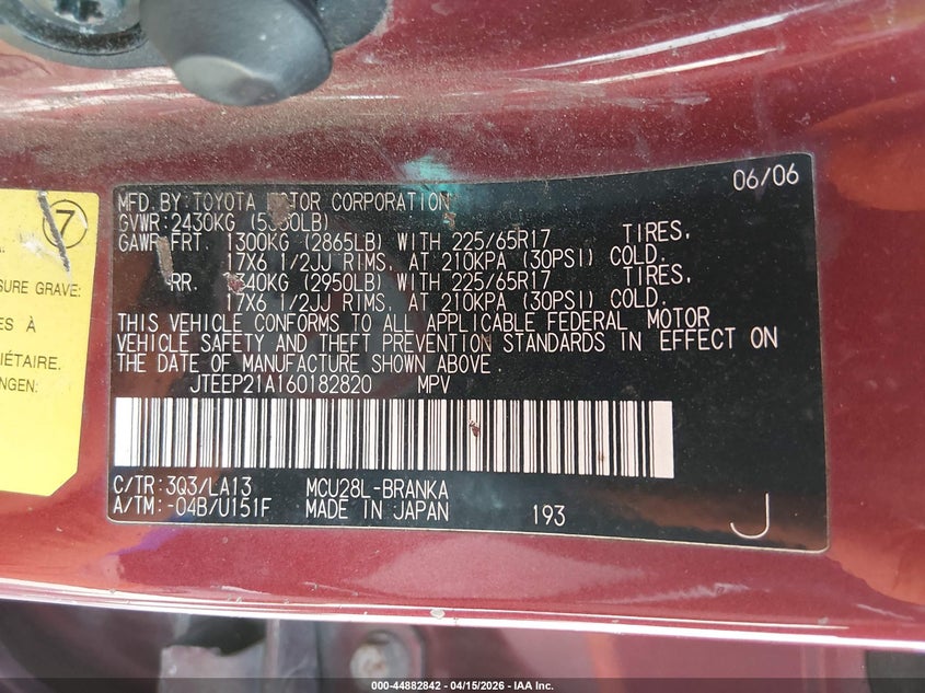 2006 Toyota Highlander Limited V6 VIN: JTEEP21A160182820 Lot: 44882842