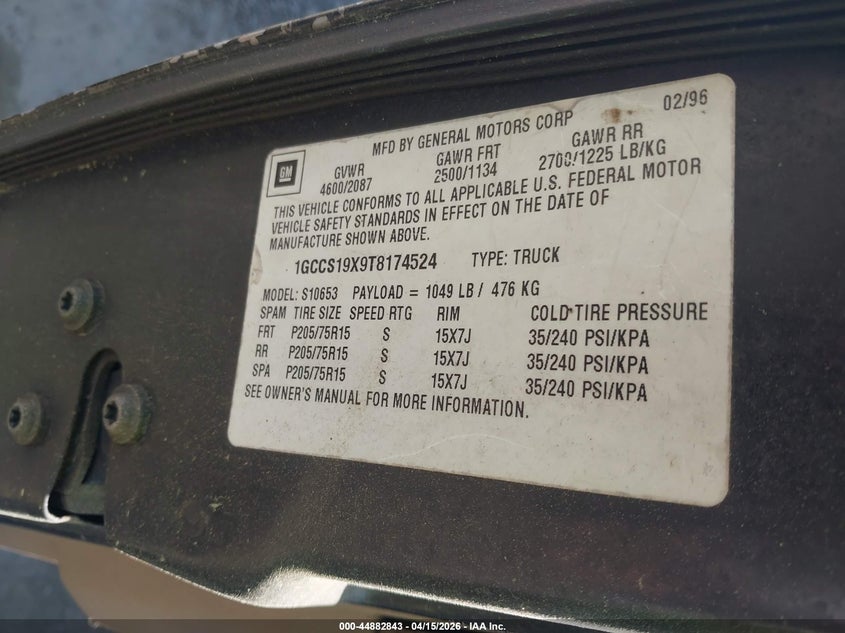1996 Chevrolet S Truck S10 VIN: 1GCCS19X9T8174524 Lot: 44882843