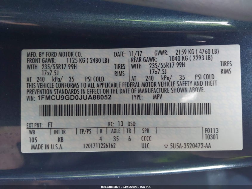 2018 Ford Escape Se VIN: 1FMCU9GDOJUA88052 Lot: 44882872