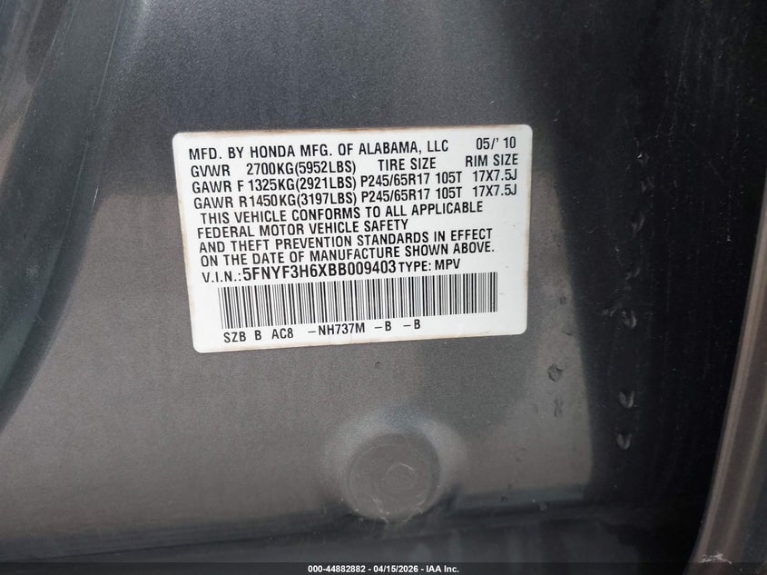 2011 Honda Pilot Ex-L VIN: 5FNYF3H6XBB009403 Lot: 44882882