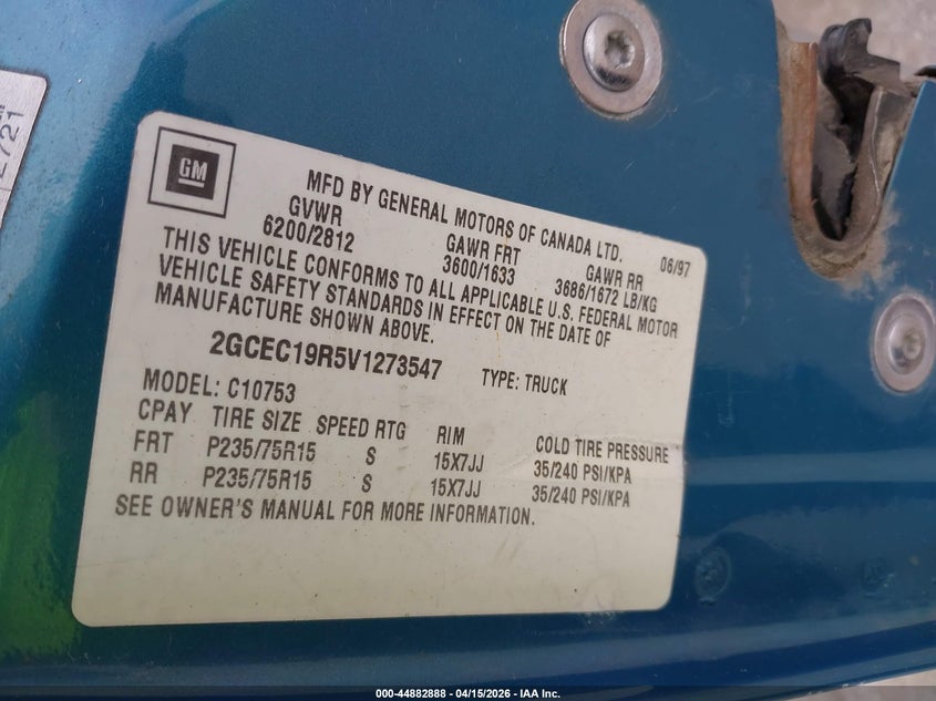 1997 Chevrolet C1500 Fleetside VIN: 2GCEC19R5V1273547 Lot: 44882888