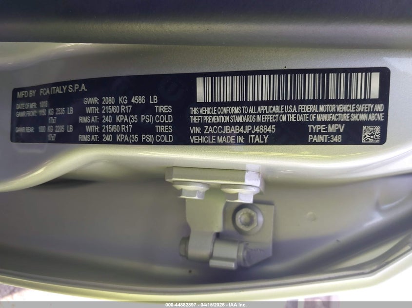 2018 Jeep Renegade Sport 4X4 VIN: ZACCJBAB4JPJ48845 Lot: 44882897