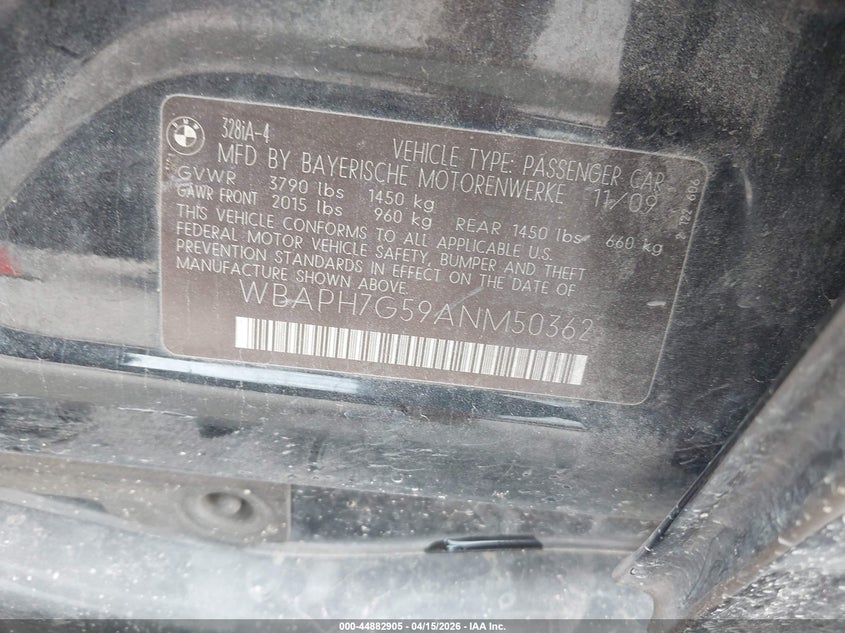 2010 BMW 328I VIN: WBAPH7G59ANM50362 Lot: 44882905