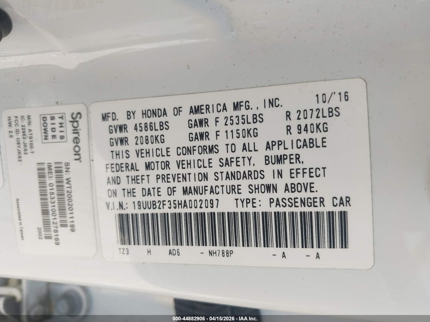 2017 Acura Tlx V6 VIN: 19UUB2F35HA002097 Lot: 44882906