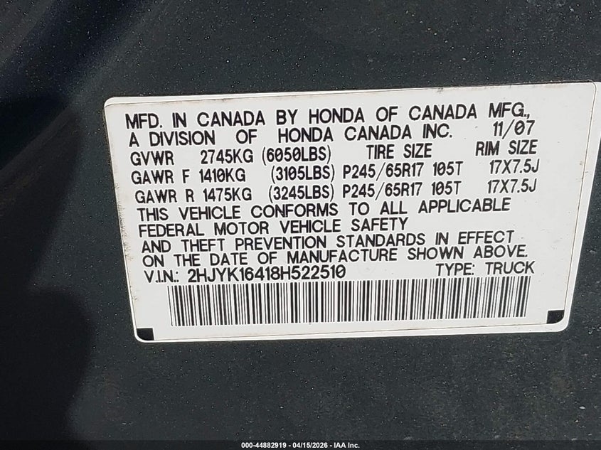 2008 Honda Ridgeline Rts VIN: 2HJYK16418H522510 Lot: 44882919