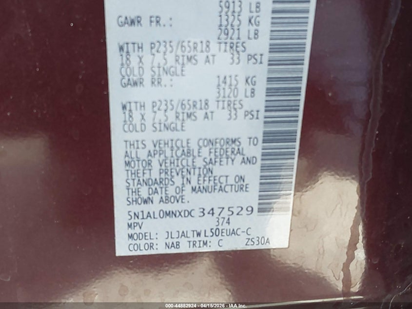 2013 Infiniti Jx35 VIN: 5N1AL0MNXDC347529 Lot: 44882924