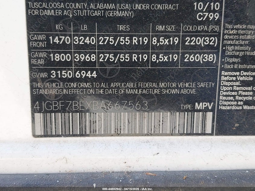 2011 Mercedes-Benz Gl 450 4Matic VIN: 4JGBF7BEXBA667563 Lot: 44882942