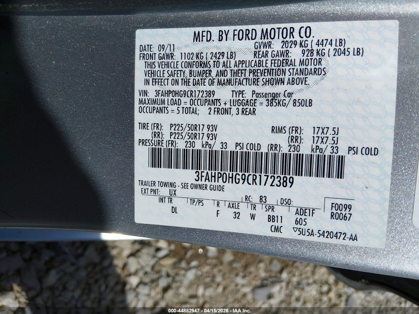 2012 Ford Fusion Se VIN: 3FAHP0HG9CR172389 Lot: 44882947