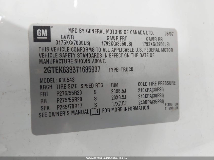 2007 GMC Sierra 1500 Denali VIN: 2GTEK638371685937 Lot: 44882954