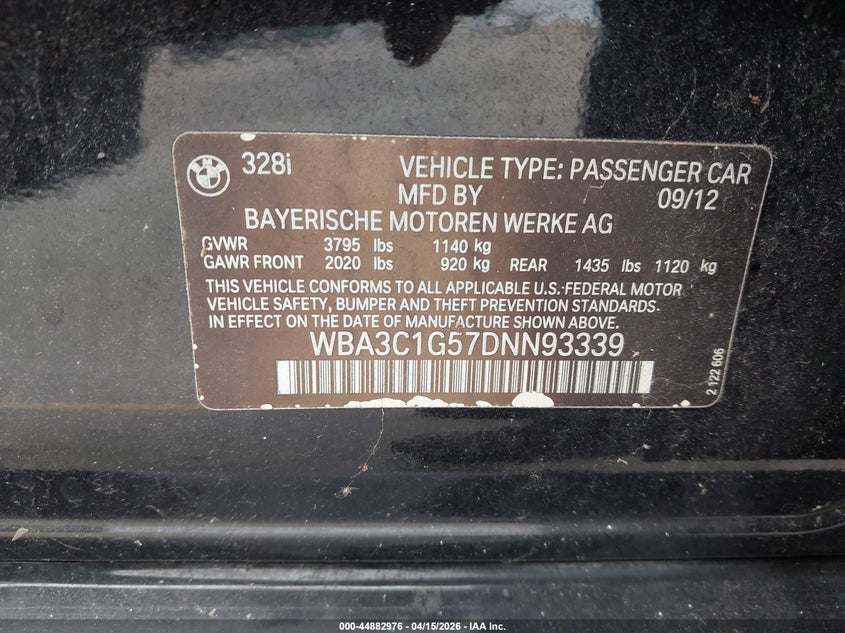 2013 BMW 328I VIN: WBA3C1G57DNN93339 Lot: 44882976