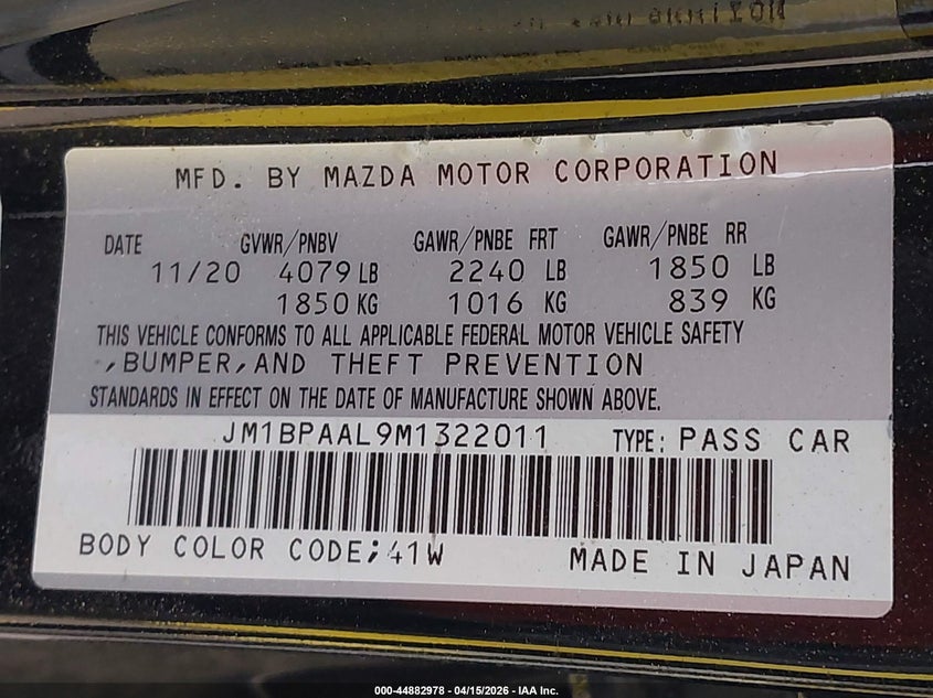 2021 Mazda Mazda3 2.5 S VIN: JM1BPAAL9M1322011 Lot: 44882978