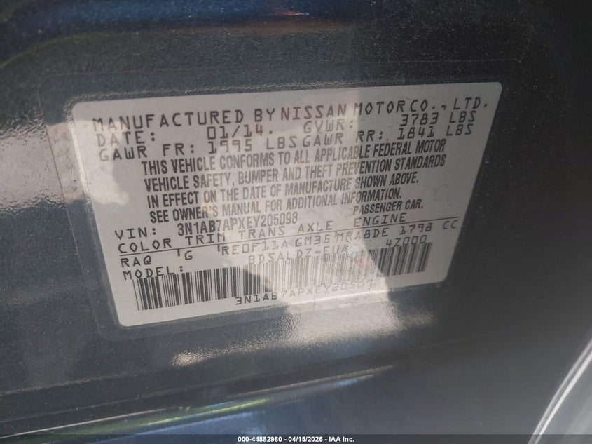 2014 Nissan Sentra Sv VIN: 3N1AB7APXEY205098 Lot: 44882980